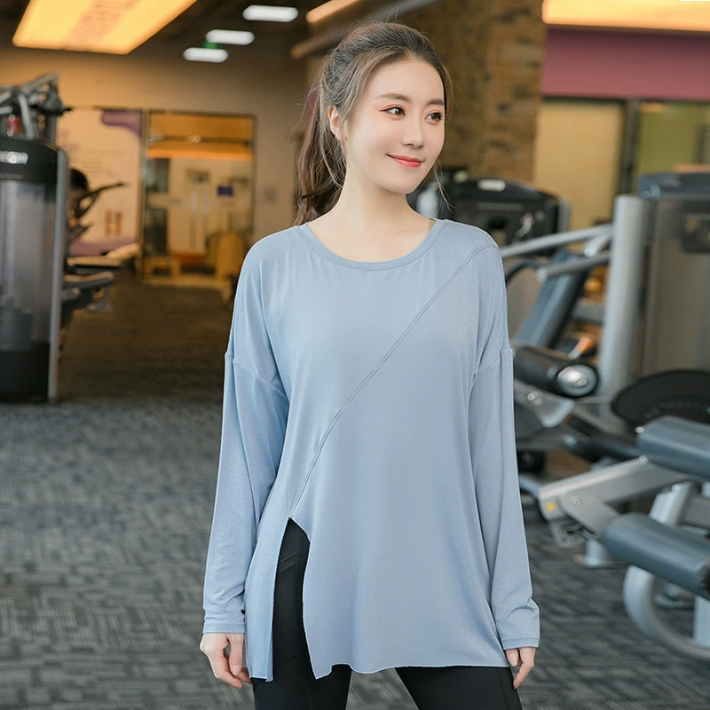 Футболка больших размеров с длинным рукавом для йоги, Женская осенне-зимняя одежда для бега с разрезом, свободная спортивная куртка для фитнеса 200 Jin
