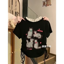 【40支95棉】甜酷辣妹小黑猫绑带蕾丝领短袖T恤女INS