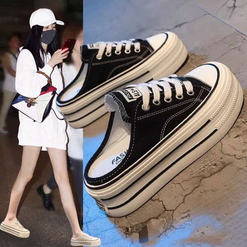 Thick-soled slip-on canvas half slippers for women, summer outdoor wear, white sneakers, casual low-top platform shoes