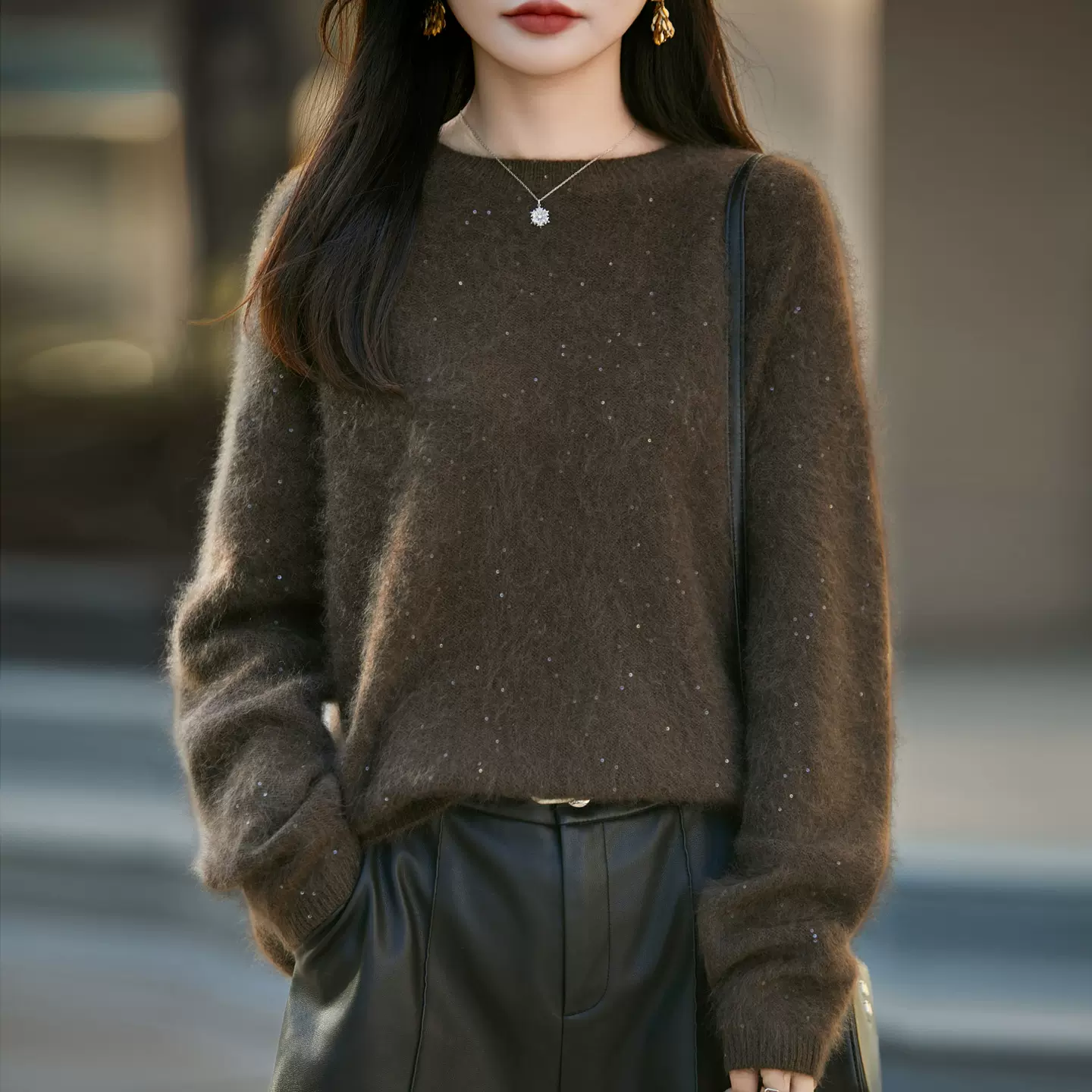 松弛感拉绒纯羊毛针织衫女2025秋冬新款慵懒风加厚保暖毛衣