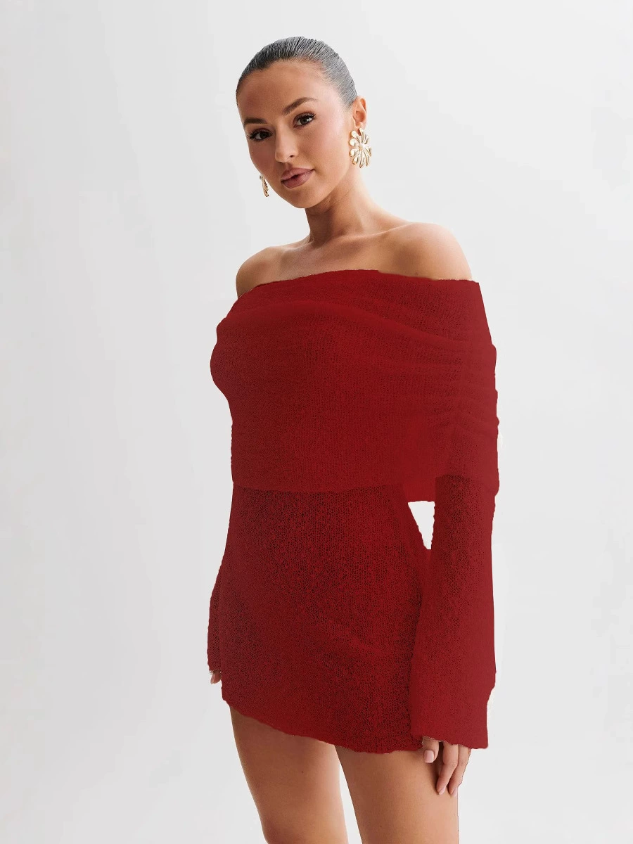 Вязаное короткое пляжное платье для женщин, открытые плечи, длин sleeves, европейский стиль, сексуальное мини