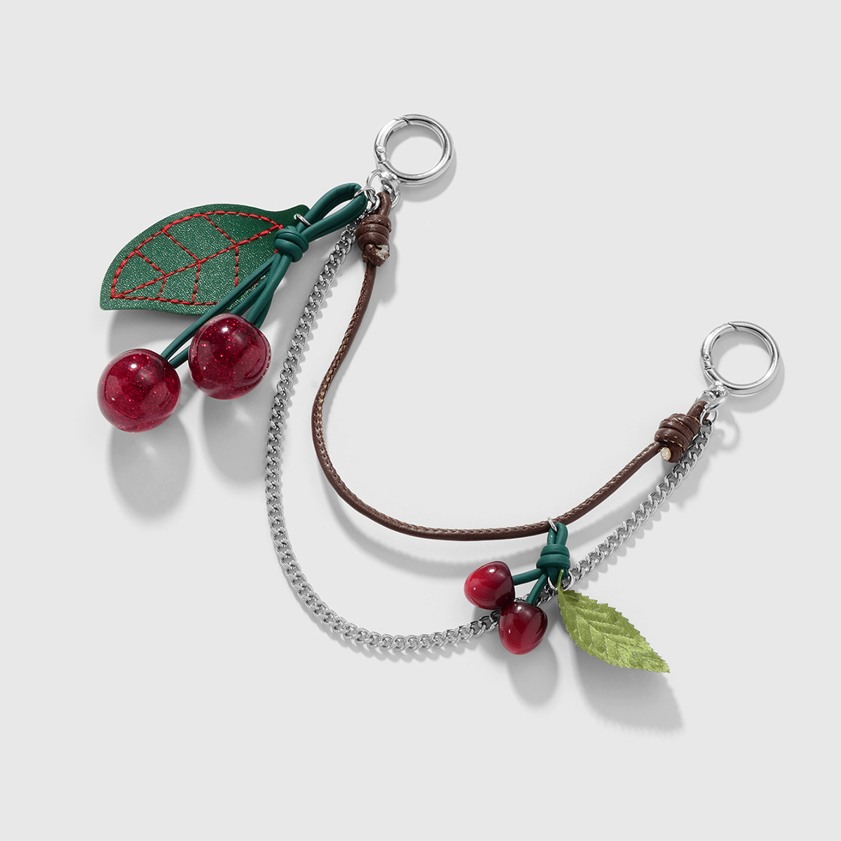 Nuevo y2k exquisito dulce y fresco moda cadena multicolor resina diamantes de imitación destello fino cuero cereza hoja DIY colgante de bolsa
