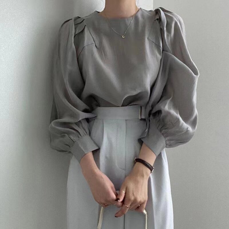 Women's autumn new South Korea chic French simple loose round neck puff sleeve shirt Women's elegant all-match shirt