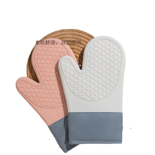 Silicone baking insulation gloves, thickened cotton double-layer gloves, calico two-finger gloves for microwave oven, wholesale