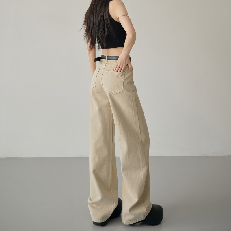 Khaki High-Waisted Narrow Wide-Leg Jeans for Women 2025 Autumn and Winter New Style Spring and Summer Loose Straight Drapey Floor-Length Pants