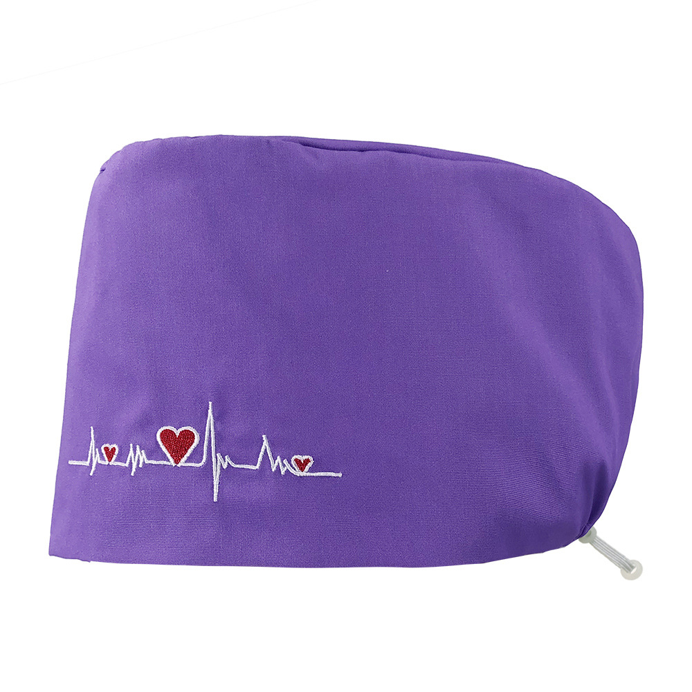 Gorro de enfermera con bordado de ECG de corazón, algodón puro, gorro de trabajo con bordado de color sólido, gorro simple para cabello largo, venta al por mayor.