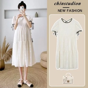 Real Shot of Maternity Summer Dress 2025 New Style Loose Sweet Lace Short-Sleeved Puff Sleeve Princess Dress