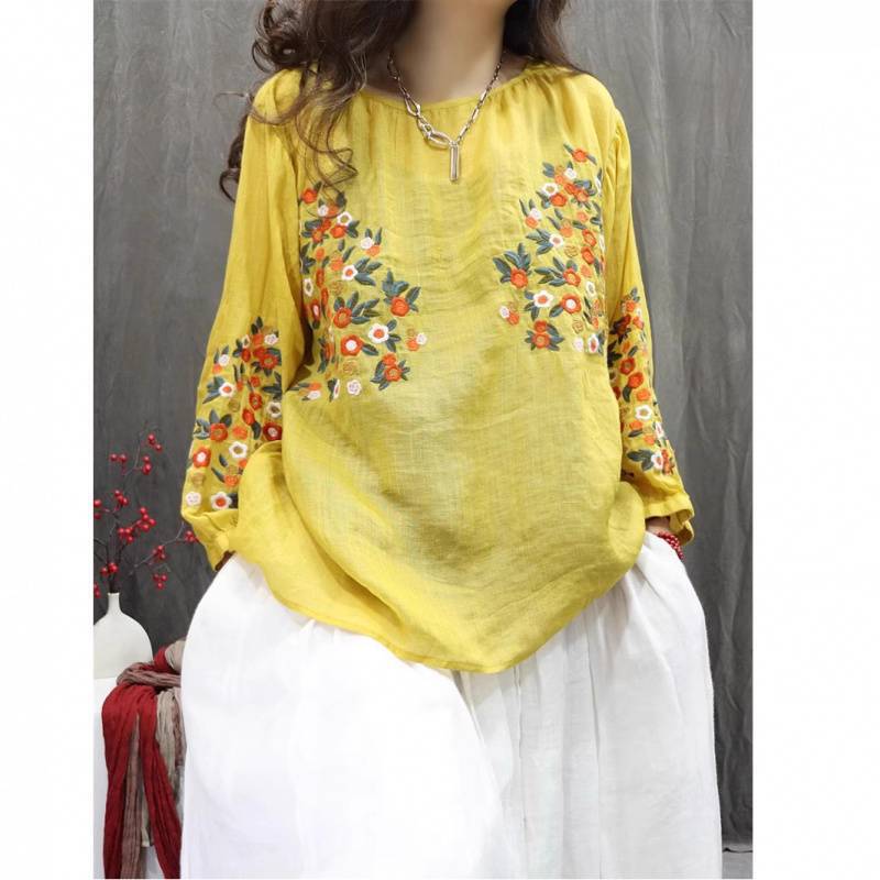 2026 Spring/Summer New Vintage Style Full Embroidery Solid Color Ramie Top with Lantern Sleeves, Loose Fit, Slimming, Versatile Shirt
