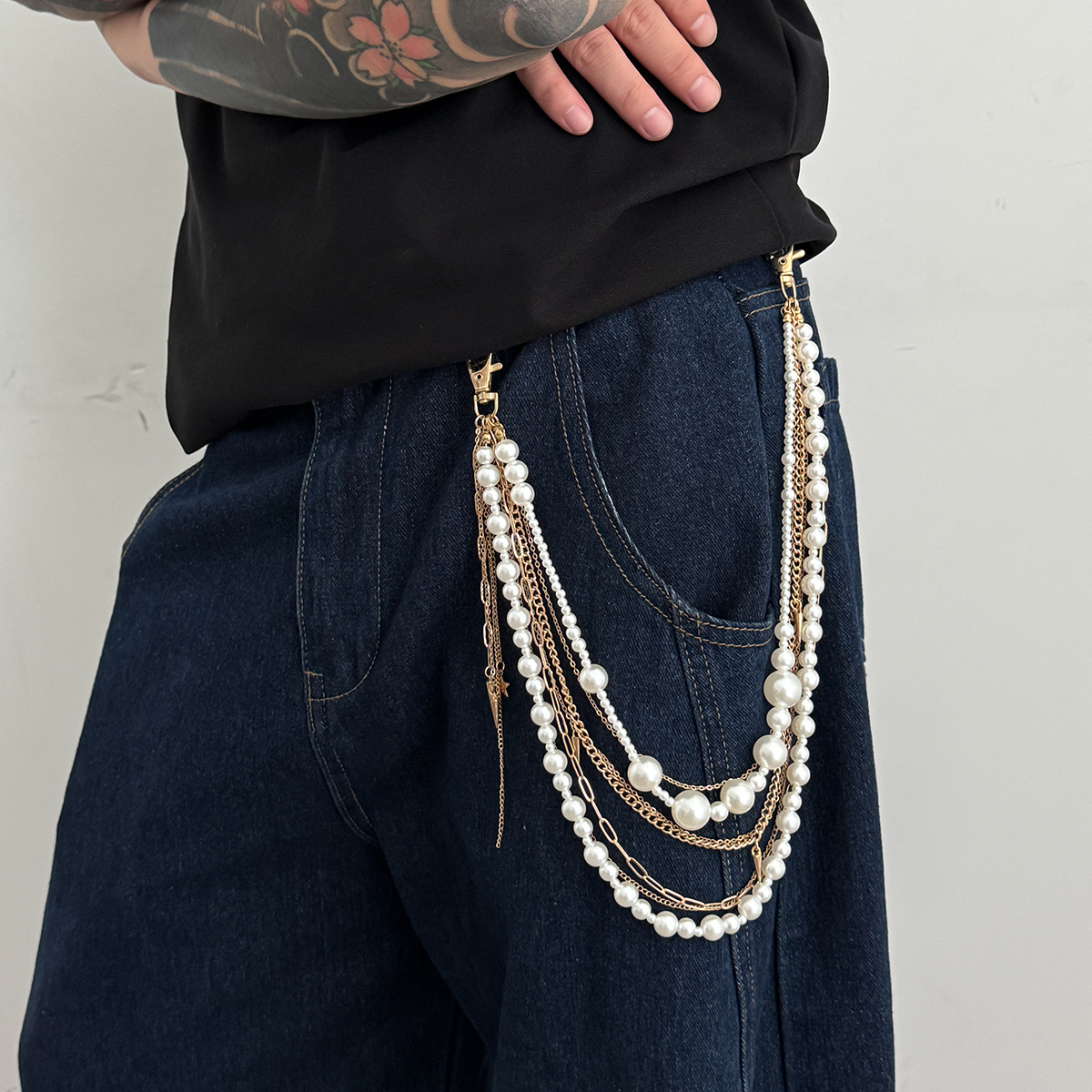 欧美珍珠流苏链条裤链男潮高级感嘻哈小众牛仔裤挂链跨境男士腰链