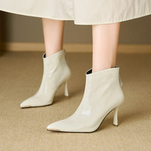 法式复古真皮尖头气质显瘦短靴女细跟2025新款秋冬瘦瘦高跟鞋靴子