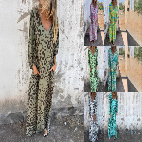 Euramerican Cross-border Women's Summer Dress Spring and Summer New Arrival V-neck Fashion Vacation Leopard Print Dress