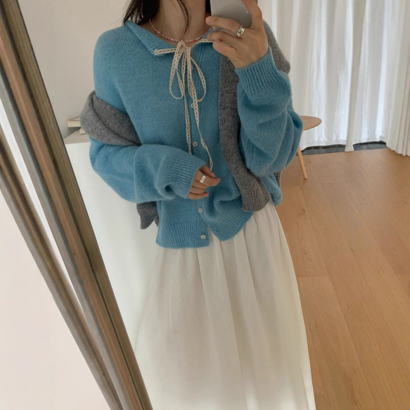 Korean Sweet Bow Lace Collar Sweater Cardigan Jacket Autum French Soft Waxy Knitted Knitwear Top for Women