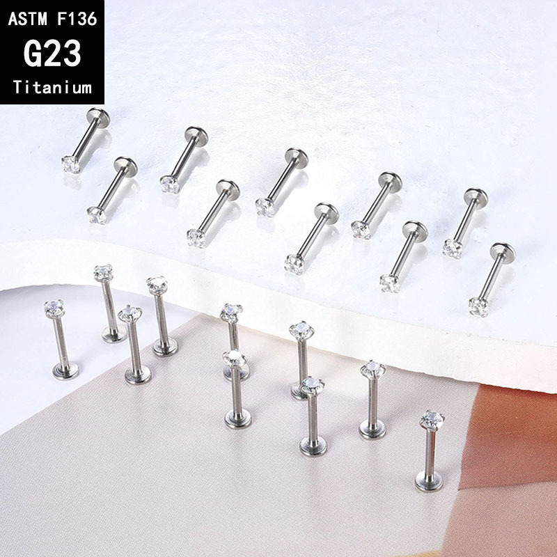 G23 Titanium Four-Claw Inlaid Zircon Inner Tooth Lip Nail Internal Thread Ear Stud, 1.2mm x 14mm, 8mm Top detail image 13