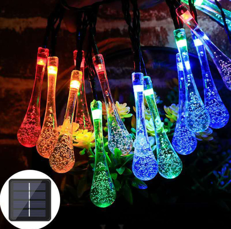 Transfronterizo Amazon LED solar gota de agua Cadena de luz al aire libre patio Navidad vacaciones decoración gota de agua forma luces de colores