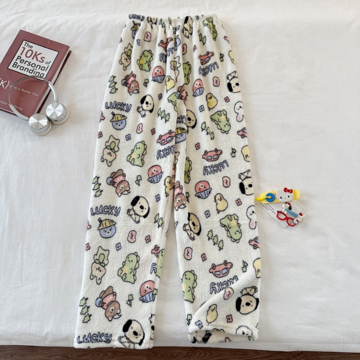 Invierno nuevo pantalones cálidos de franela estilo de caricatura coreano para mujeres más grueso y terciopelo cálido para el hogar pijamas de lana se pueden usar fuera