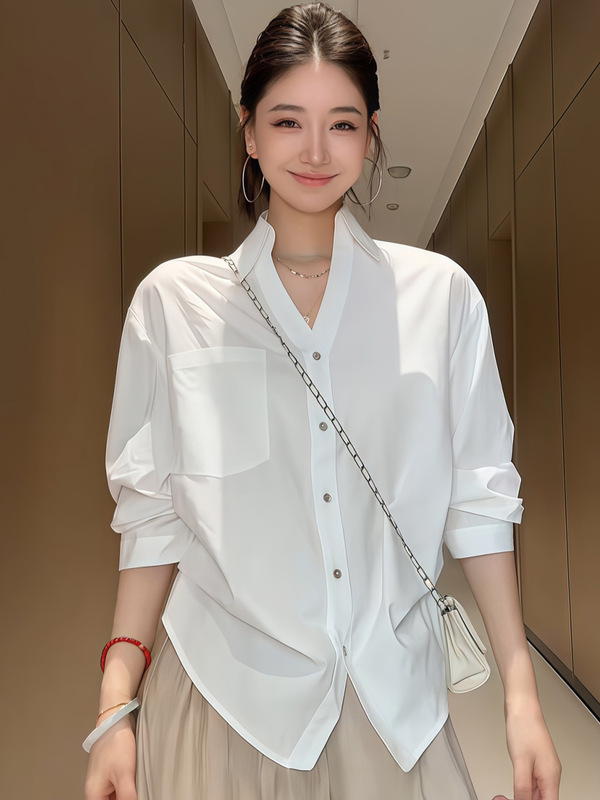 捏褶收腰长袖白色衬衫女早秋2025新款外穿显瘦翻领衬衣设计感上衣|undefined