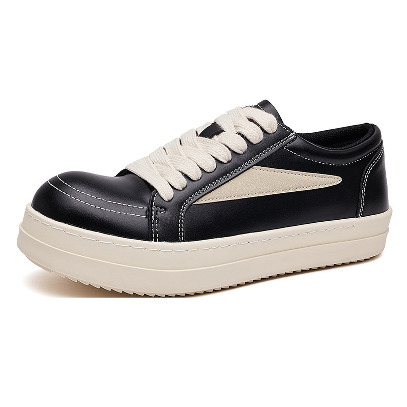 Men's Ro Genuine Leather Versatile Casual Thick-Soled Lace-Up Sneakers with Hidden Height Increase, Comfortable Low-Top Black Style