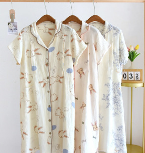 Summer Cotton Crepe Moon Dress Short-sleeved Nightgown Sweat-absorbent Breathable Soft and Comfortable Pregnant Women's Pajamas
