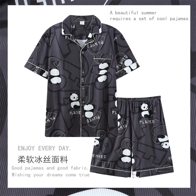 Nasa Summer Ice Silk Pajamas Men's New Short-Sleeved Shorts Loose Cartoon Thin Teenagers Home Clothes Set
