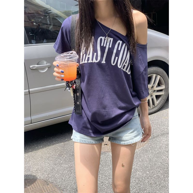 plus size chubby girl American Style Slant Collar Shoulder Short-sleeved T-shirt Women's Summer New Loose Slimming Design Retro Top