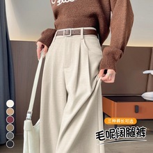 拉夏贝尔加绒毛呢裤子阔腿裤女秋冬季小个子直筒窄版高腰西装长裤