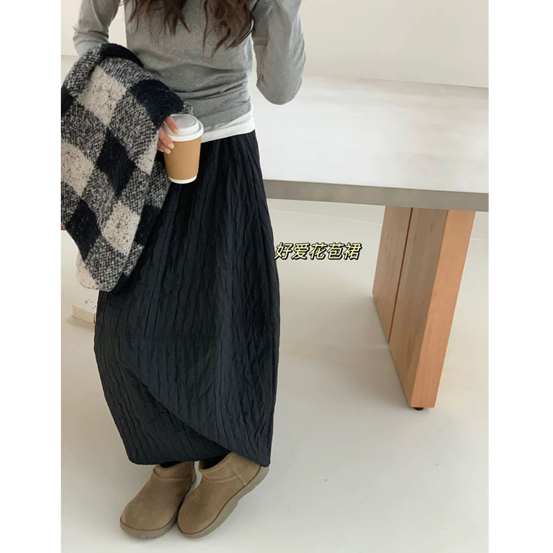 韩系简约肌理感立体花苞裙氛围显瘦高腰百搭绗线中长半身裙女秋冬|undefined