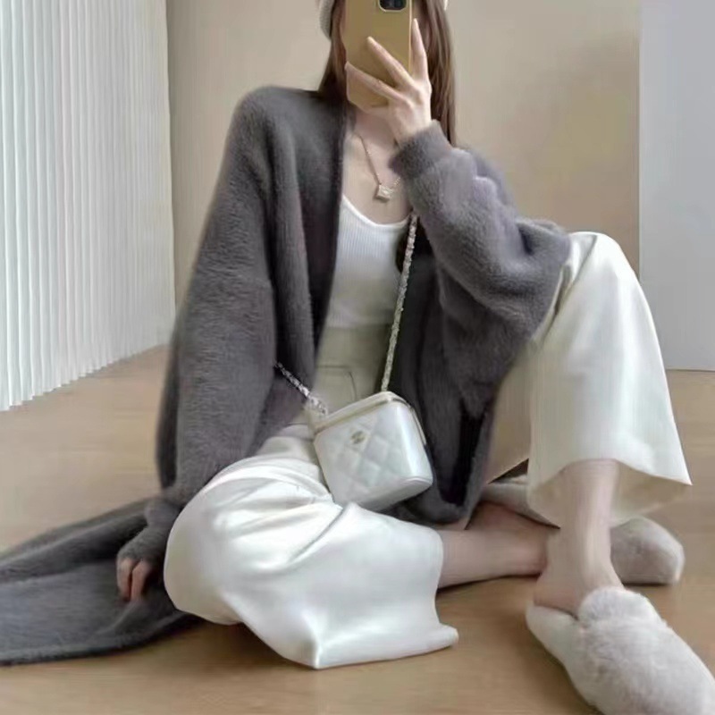 慵懒风长款过膝仿水貂绒毛衣外套女宽松秋冬复古纯色针织开衫大衣|undefined