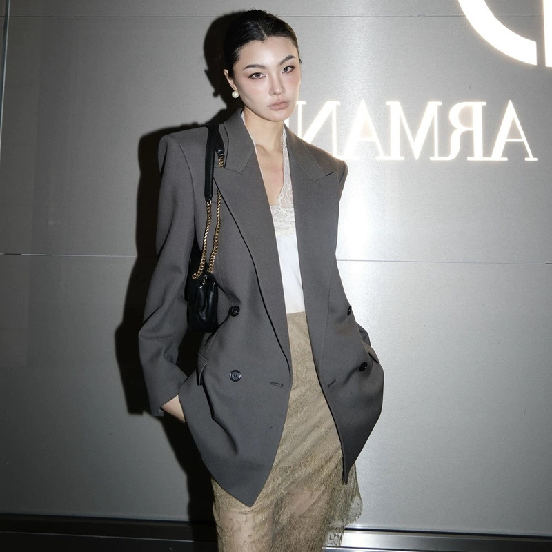 Ready in Stock/Zhao Sanguan High-End Gray Loose Suit Jacket 2024 Early Autumn Double-Breasted Elegant Cardigan