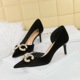 1363-AK79 Banquet Women's Shoes High Heel Suede Shallow Mouth Pointed Side Hollow Water Diamond Buckle Pearl Bow Single Shoe