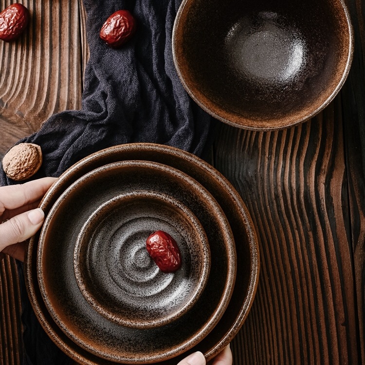 Stoneware Dish Japanese Bowl Handmade Dinner Plate Creative Snack Dish Noodle Soup Bowl Fruit Plate Retro Dinner Plate Set Bowl and Plate