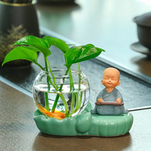 小和尚卡通大号绿萝花瓶摆件桌面装饰办公文化创意玻璃瓶跨境新款