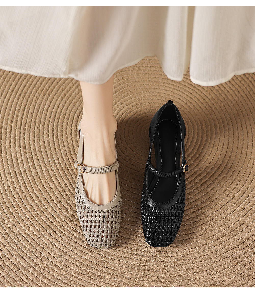 Giày sandal nữ gót thấp 3 cm mũi vuông hở bên da cừu đi làm — đen chi tiết 2