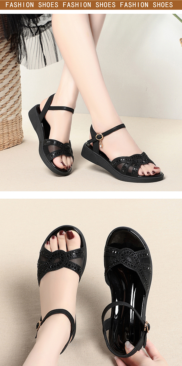 Dép sandal nữ đế mềm da thật chống trơn trượt đế xuồng bệt mùa hè — Màu đen chi tiết 10