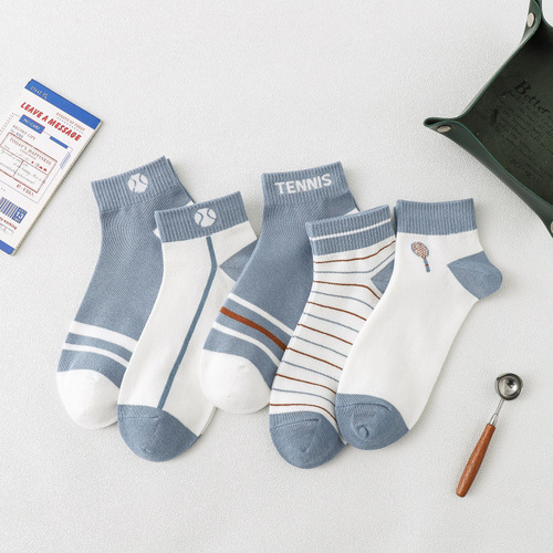 New boys' tennis racket low-top socks blue striped letters sports cotton socks shallow mouth boat socks college style socks