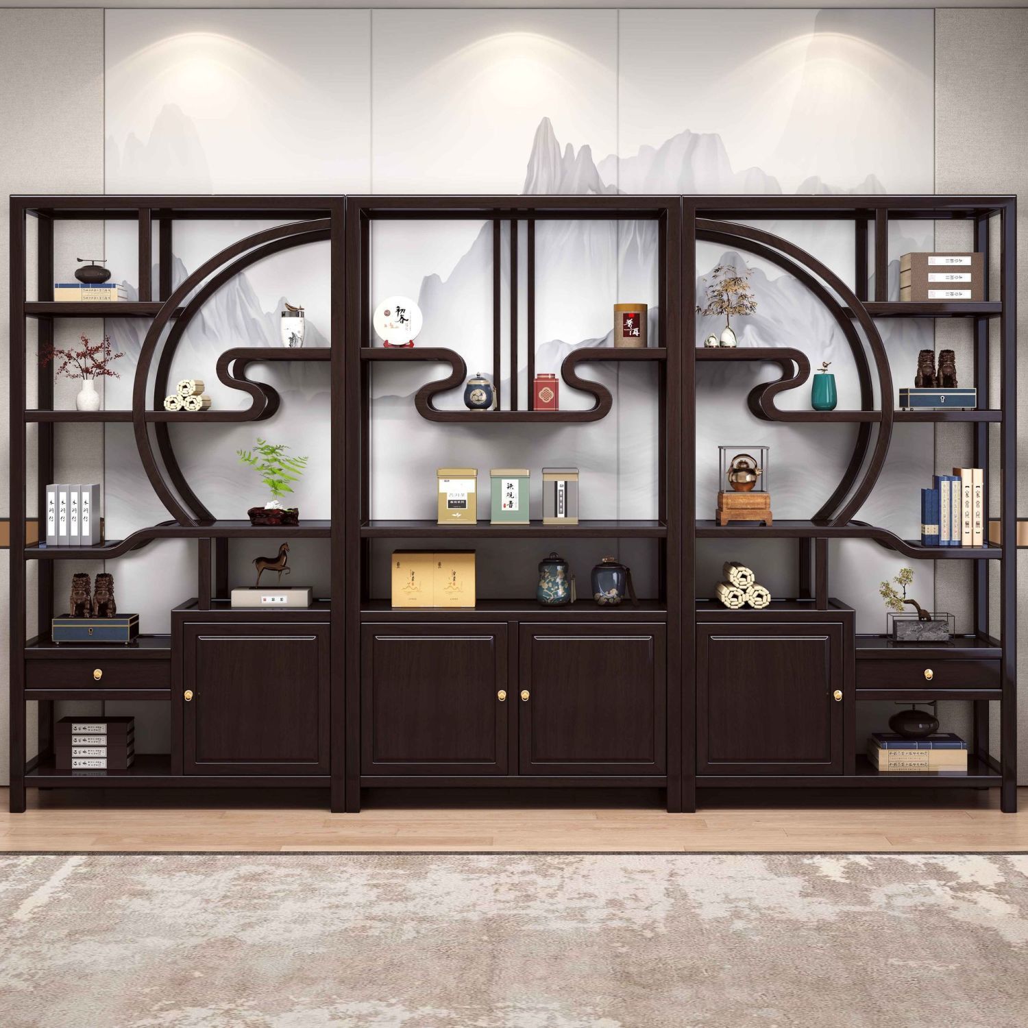 博古架实木新中式书架多宝阁办公室展示柜茶叶茶室隔断置物架绢花
