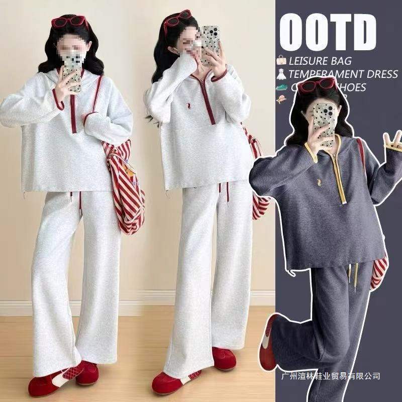 Maternity Autumn Clothing 2025 New Sweatshirt Top Suit Pregnant Mother High-End Wear Slimming Look Wide-Leg Pants Two-Piece Suit