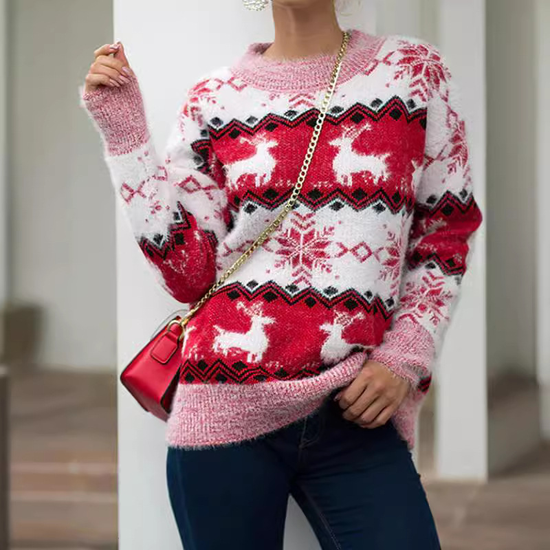 Pull de Noël douillet en maille jacquard à motif cerf, coupe ample, col rond, style décontracté, en fil doux._voghion.com