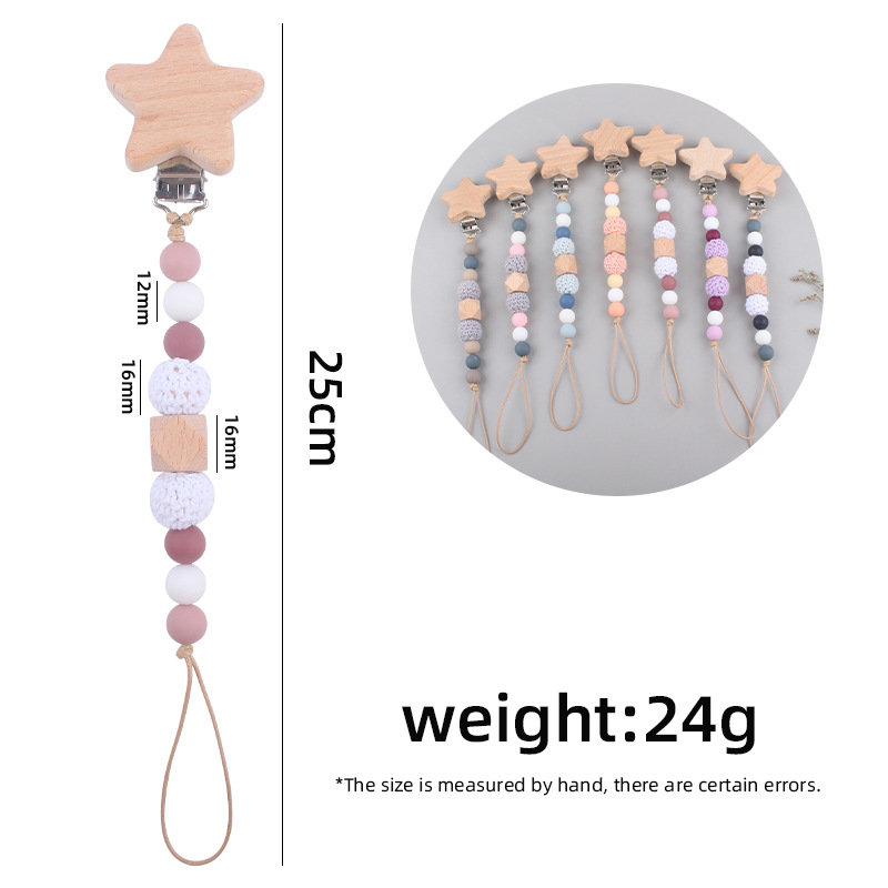 Nuevo bebé suministros estrella haya chupete clip bebé creativo madera octogonal mordedura silicona molar anti-gota cadena