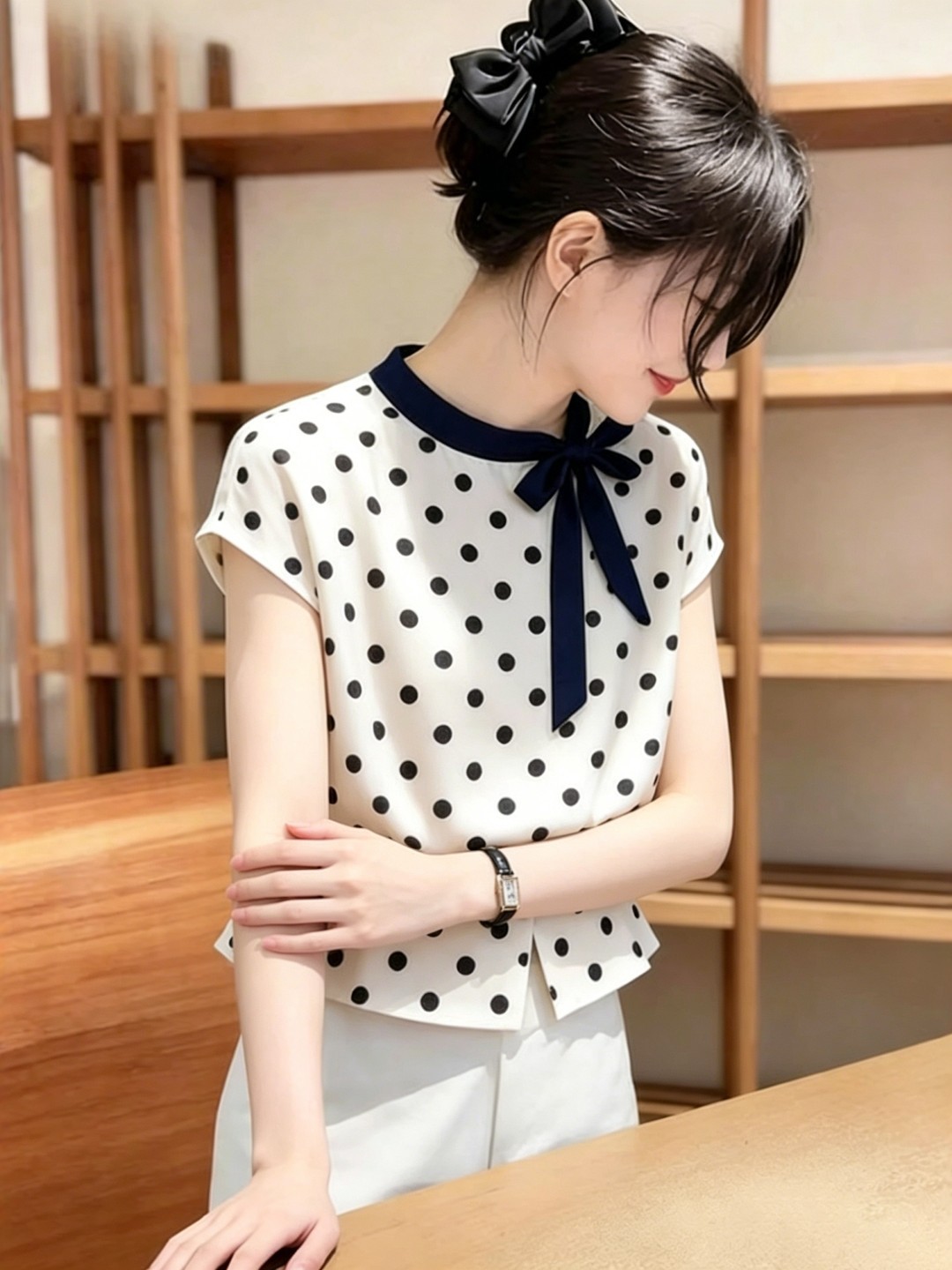Áo sơ mi ngắn tay nữ họa tiết chấm bi nơ cổ điển, kiểu Hàn Quốc thời trang — Màu ảnh