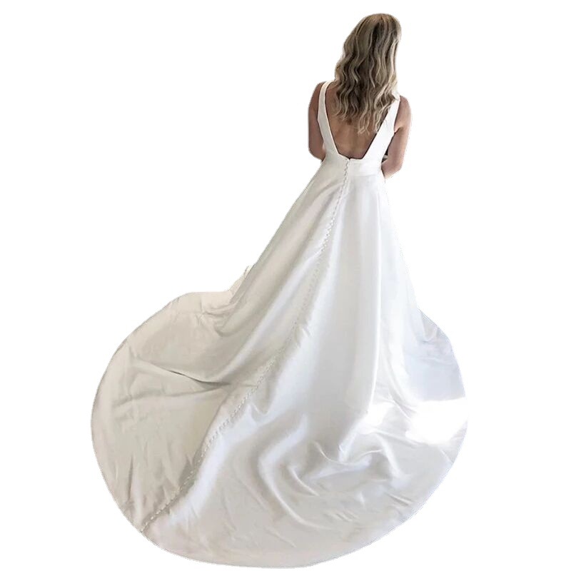 Comercio exterior europeo y americano Amazon AliExpress deseo nuevo elegante vestido de novia con cuello en V sin mangas satén cola soporte personalización image 4