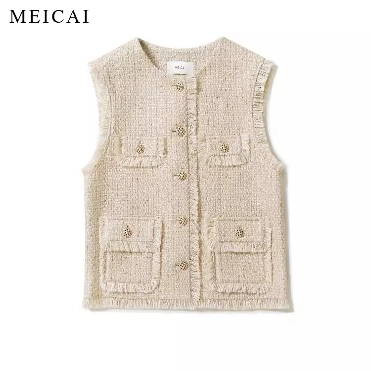Красный Woolen жилет, ретро тканая куртка с круглым воротником