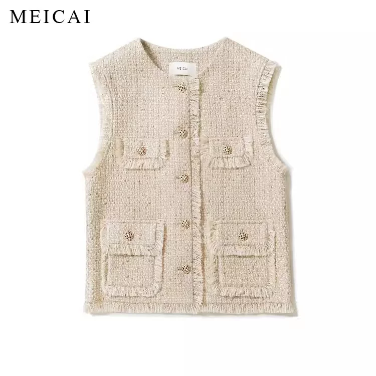 Красный Woolen жилет, ретро тканая куртка с круглым воротником