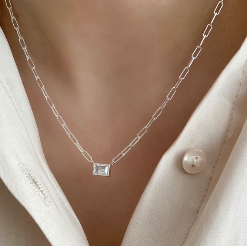 925 Sterling Silver Pendant Material 925 Sterling Silver Zircon Paperclip Chain Inlay Rectangle Necklace