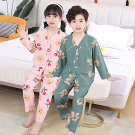 儿童睡衣夏季棉绸家居服套装开衫薄款男童女童小孩绵绸空调服卡通