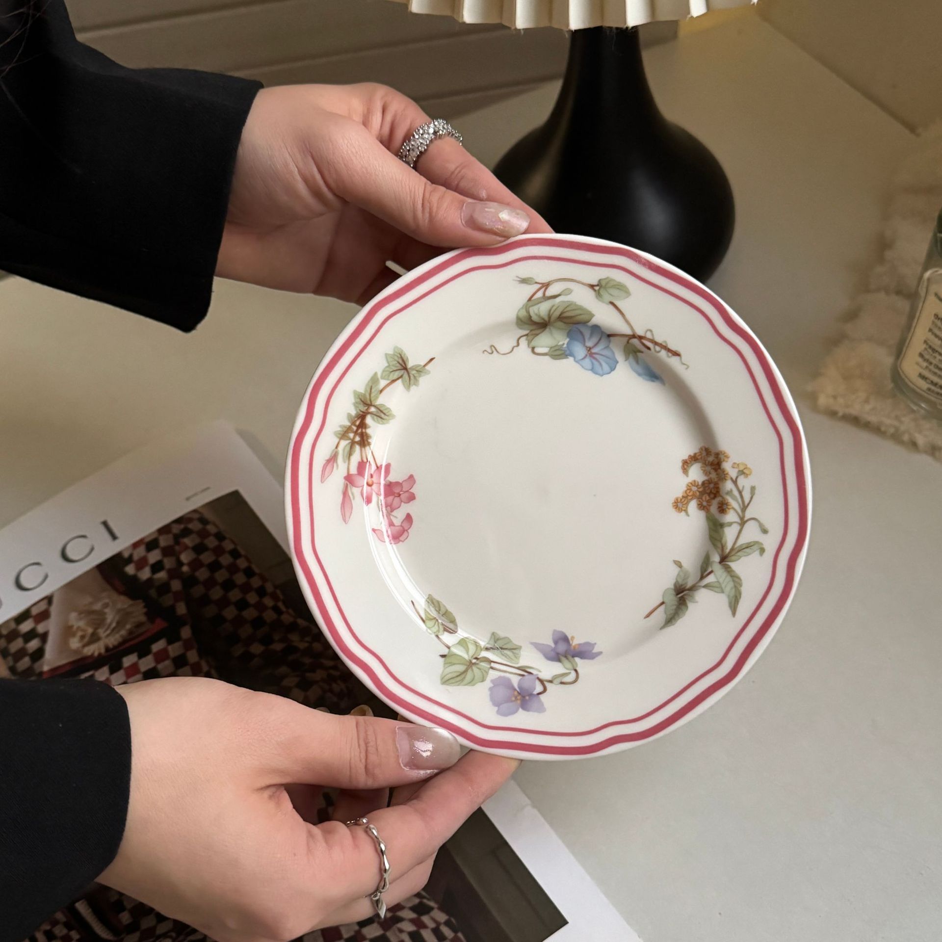 Francés fresco colorido plato de cerámica flores de trompeta té de la tarde dulces tazas de platos de platos caseros serie de platos de tostada image 7