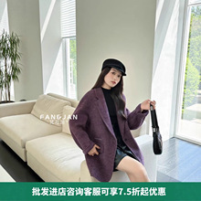 韩版气质西装双面羊毛大衣女秋冬新款宽松慵懒刺绣中长款毛呢外套