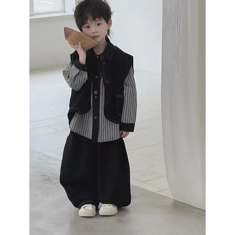 儿童秋季套装2025秋季新款男童韩版帅气衬衫牛仔坎肩牛仔裤三件套|undefined