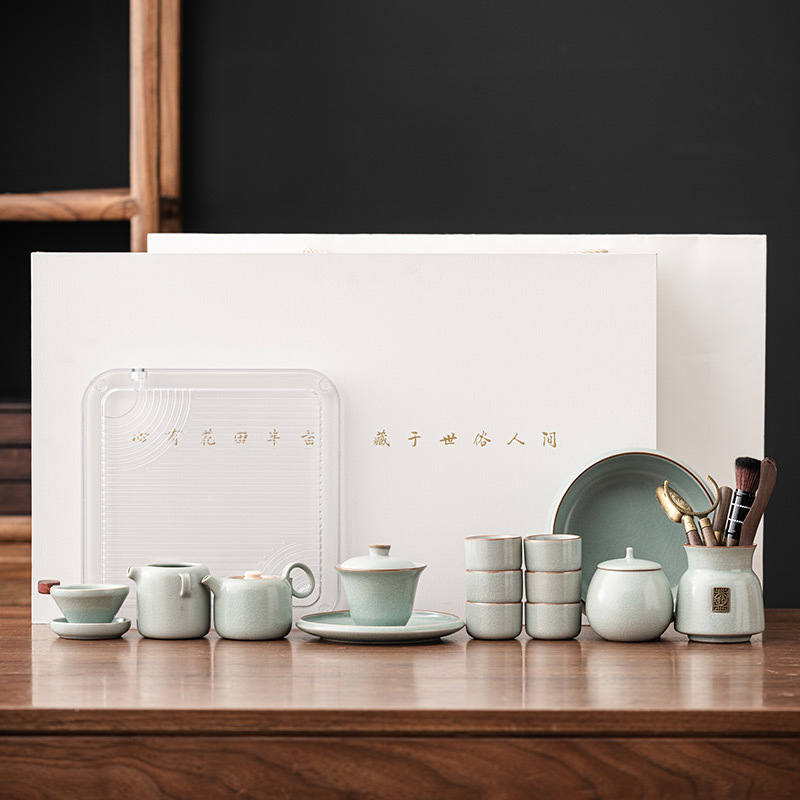 厂家天青汝窑茶具套装家用轻奢高档功夫泡茶壶盖碗办公室会客茶盘