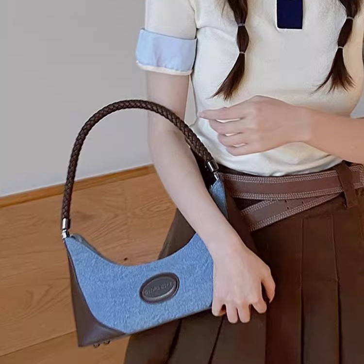 Denim Canvas Baguette Bag Women's Shoulder Bag 2025 New Niche Design Handheld Underarm Bag For Work And Commuting - Thumbnail 5