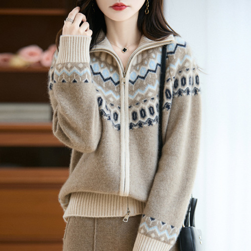 Fair Island Jacquard wool cardigan women's thick knitted sweater coat Age-reducing autumn and winter women's top new